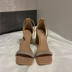 Call It Spring Tan Block Heels with Rhinestone Strap
